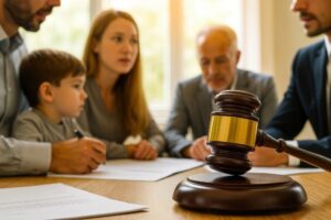 Family law attorney explaining temporary vs final divorce and custody orders in Jacksonville Florida courtroom setting